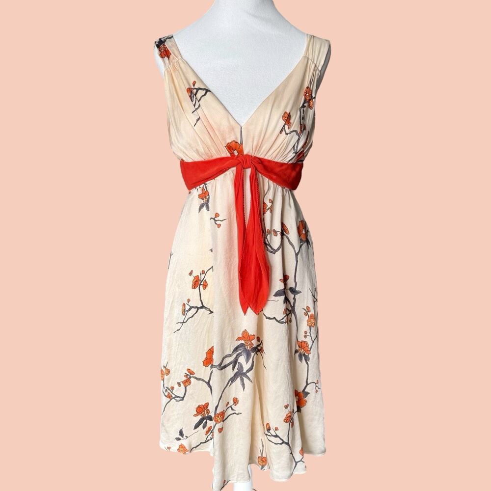 Kay Unger Cream and Red Floral Midi Dress